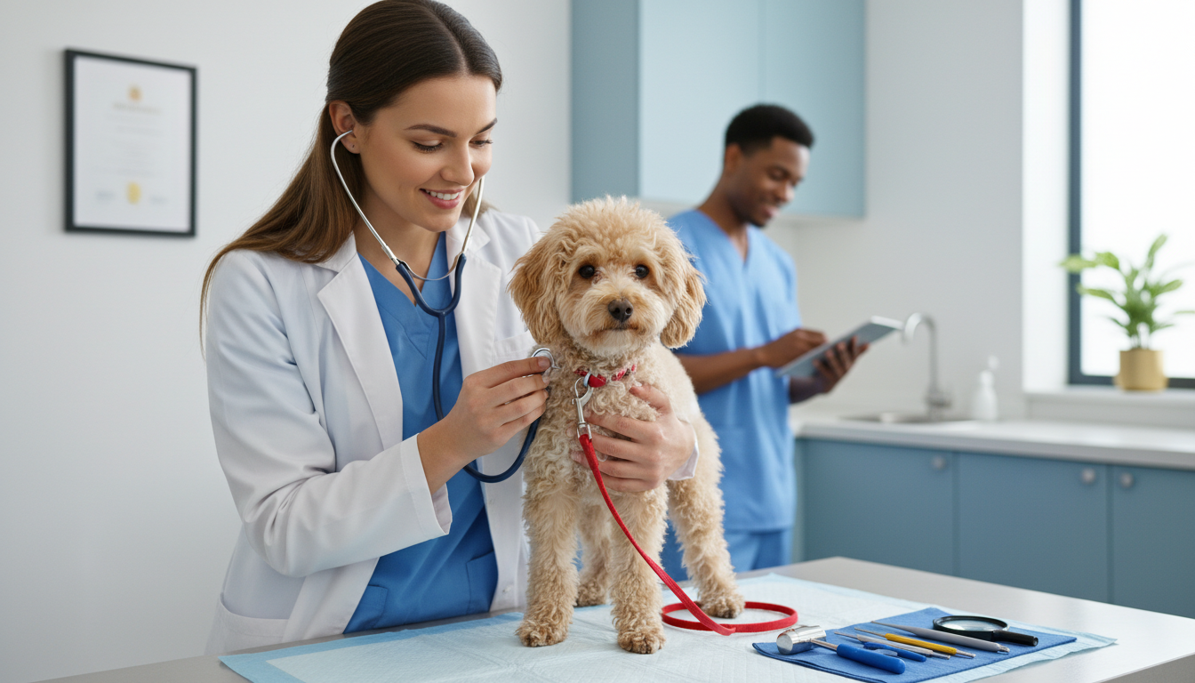 獸醫為玩具貴賓犬進行健康檢查的場景