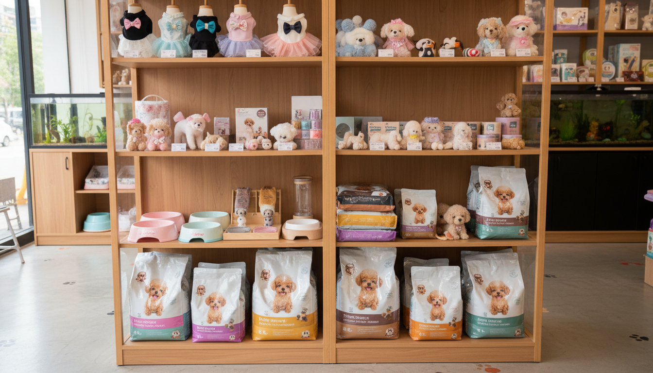 香港寵物店內展示的玩具貴賓犬用品和狗糧