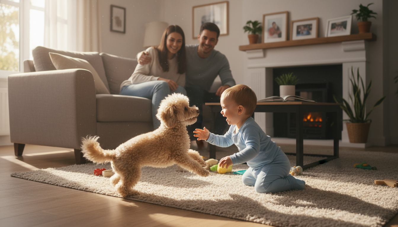 玩具貴賓犬與家人互動的溫馨場景