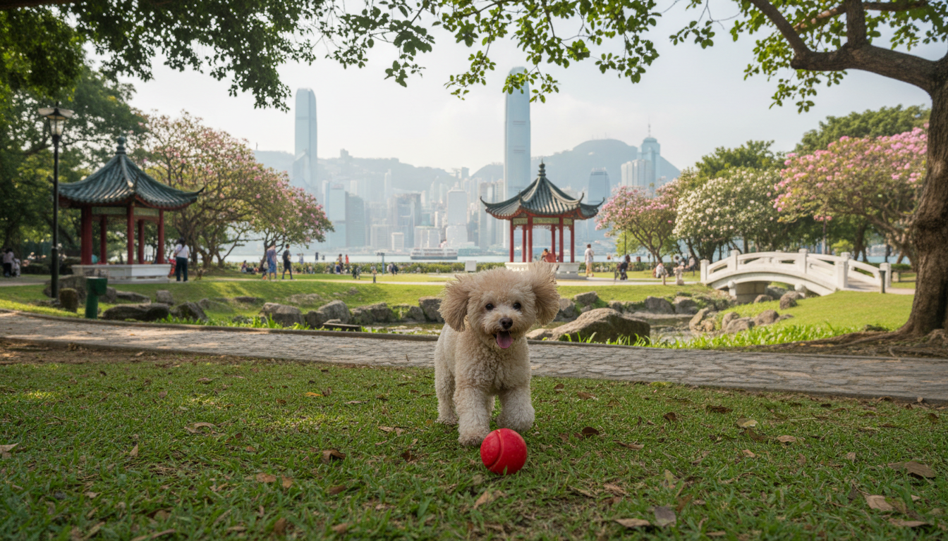 一隻快樂健康的玩具貴賓犬在香港的公園裡玩耍