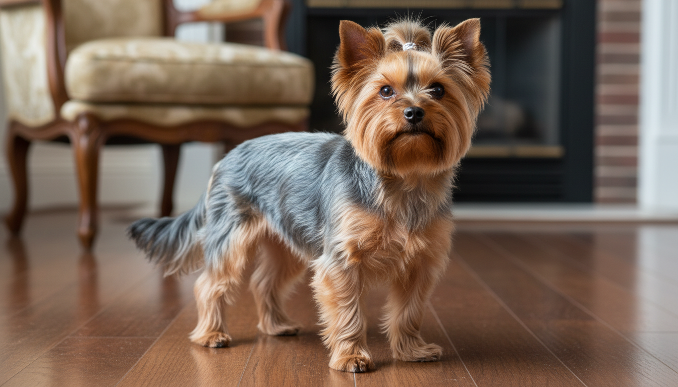 一隻典型的約克夏㹴，展現其獨特的藍鋼色與棕褐色毛髮