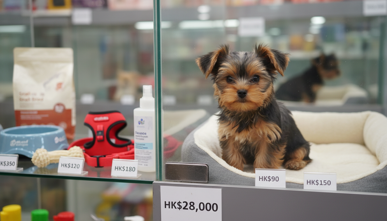 香港寵物店內展示的約克夏幼犬及相關飼養用品價格標籤