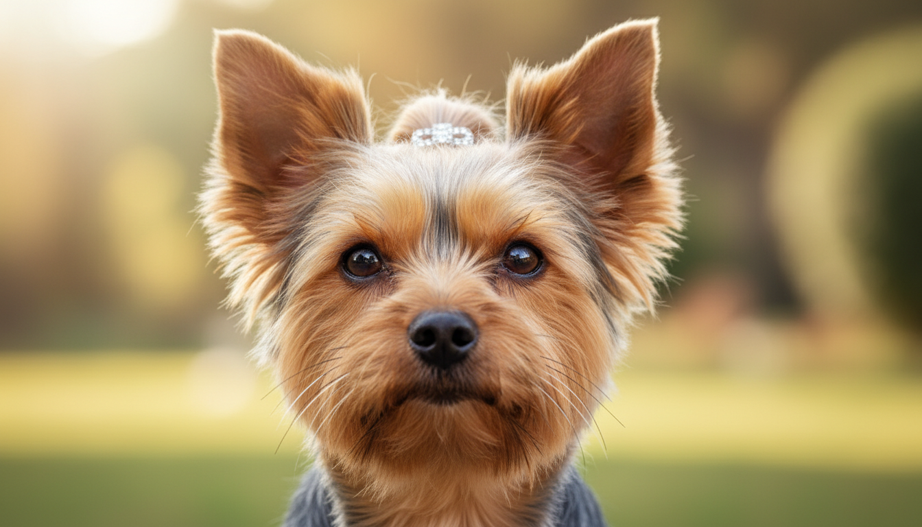 約克夏㹴的頭部特寫，展示其明亮的眼睛和V形耳朵