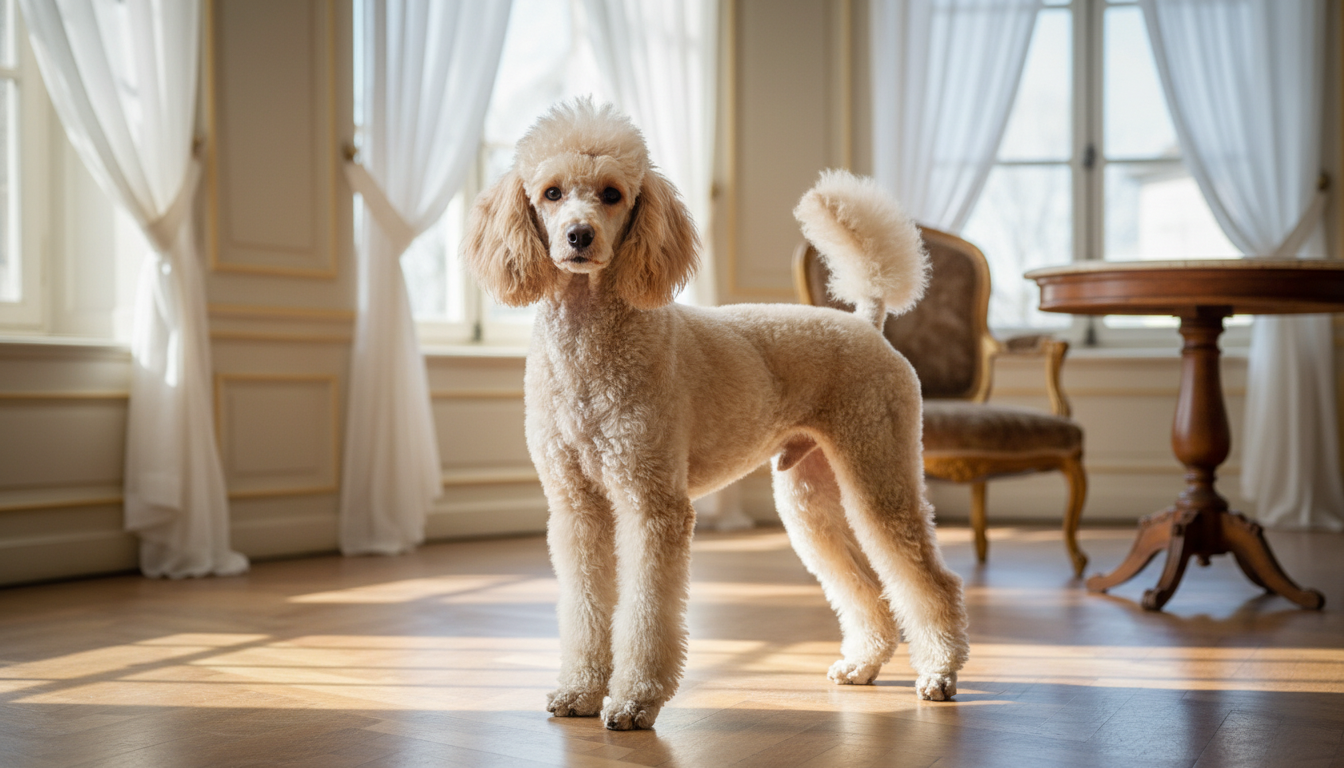 貴婦犬的典型外觀特徵展示，包括捲曲的毛髮和優雅的姿態