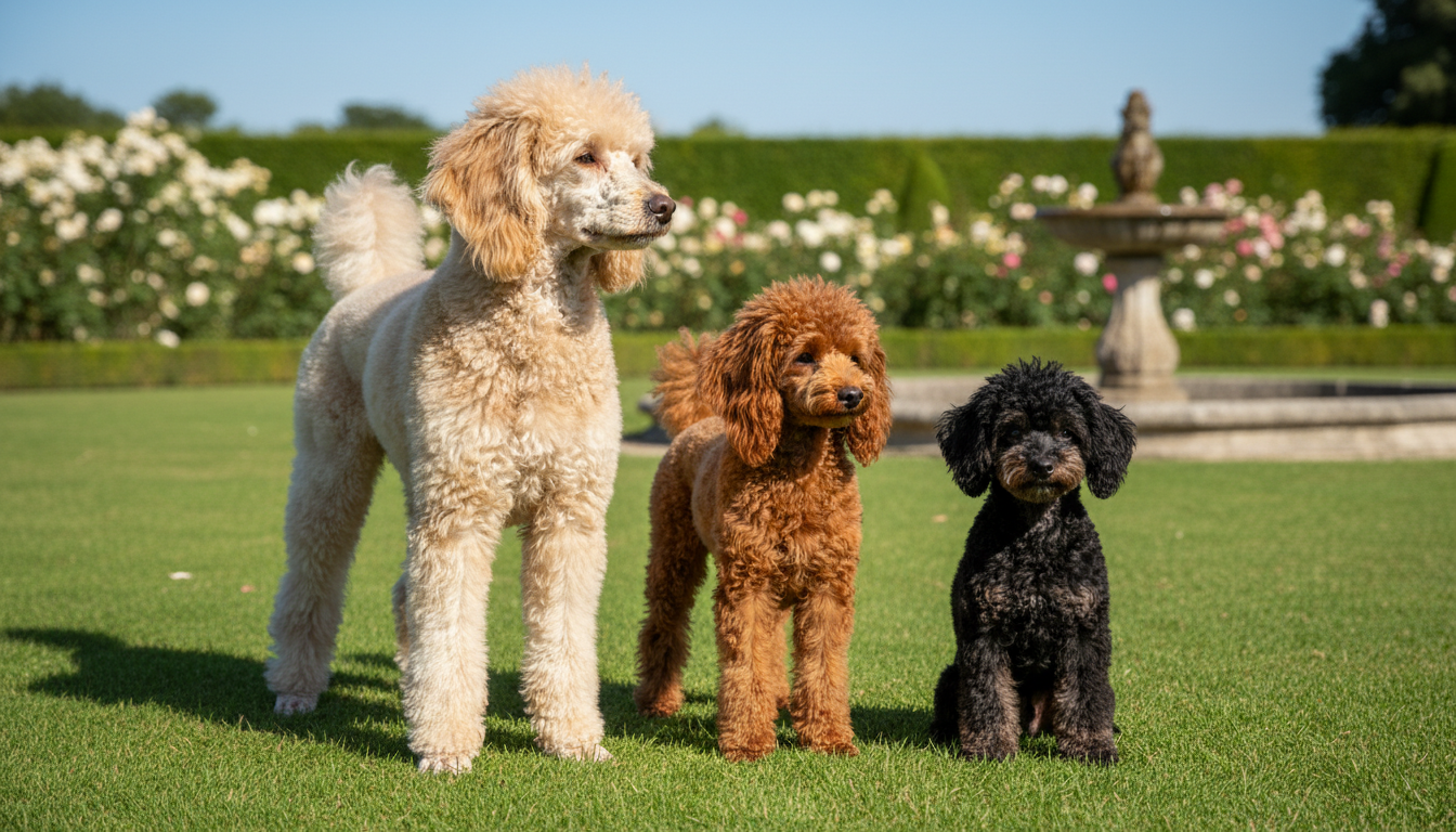 不同尺寸的貴婦犬（標準、迷你、玩具）展示