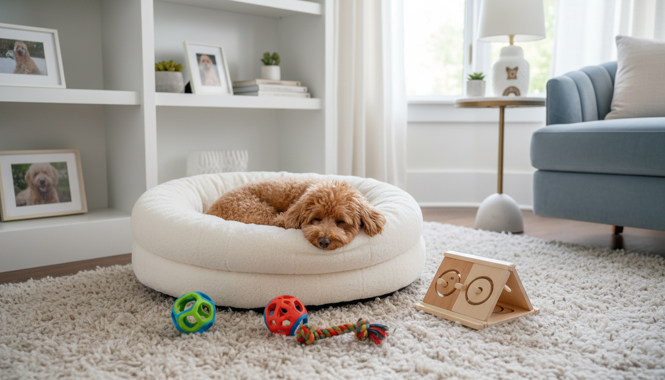 適合貴婦犬的理想家居環境設置，包括舒適的狗窩和益智玩具