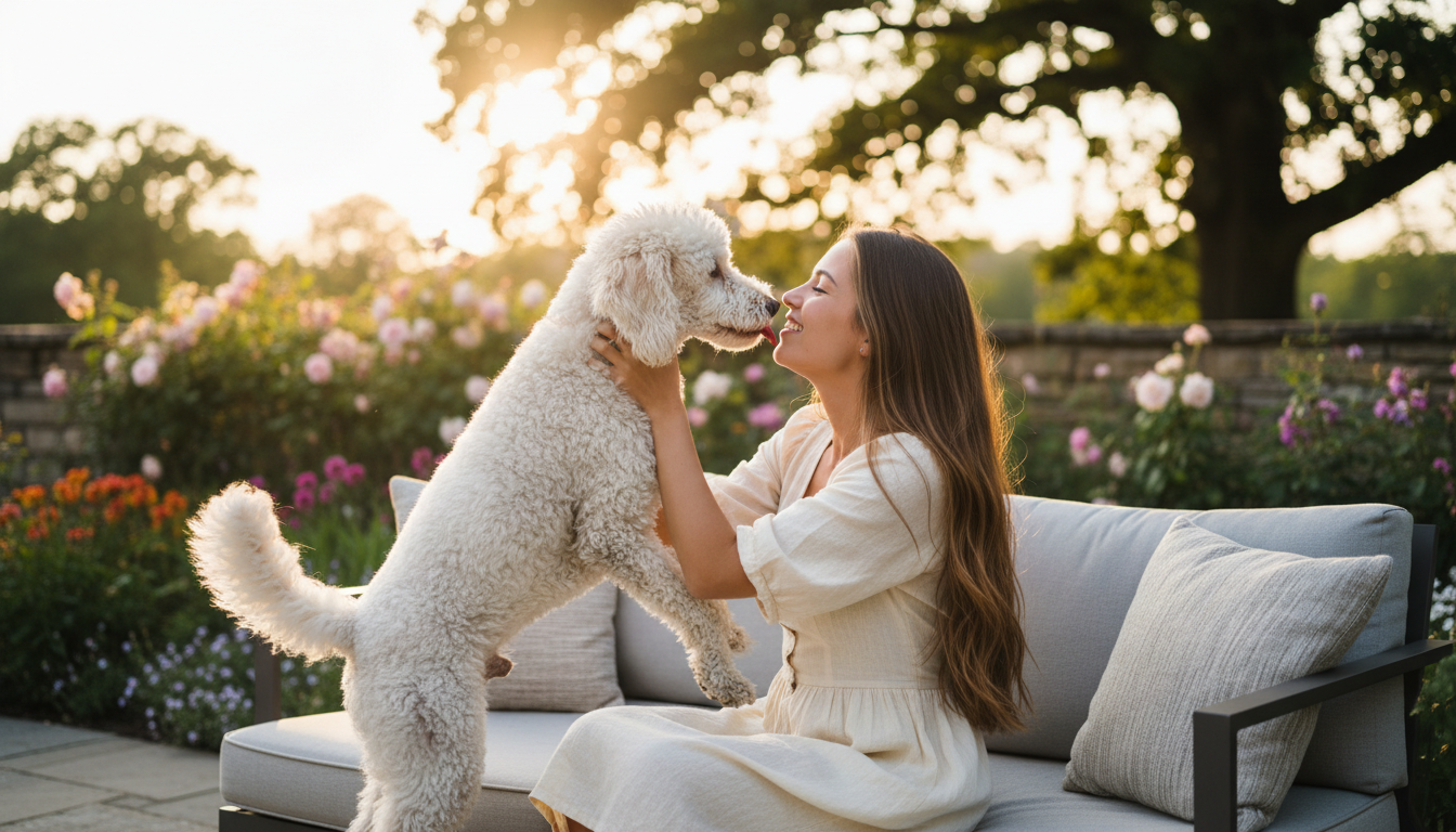 一隻貴婦犬與主人親密互動，展現其忠誠與熱情