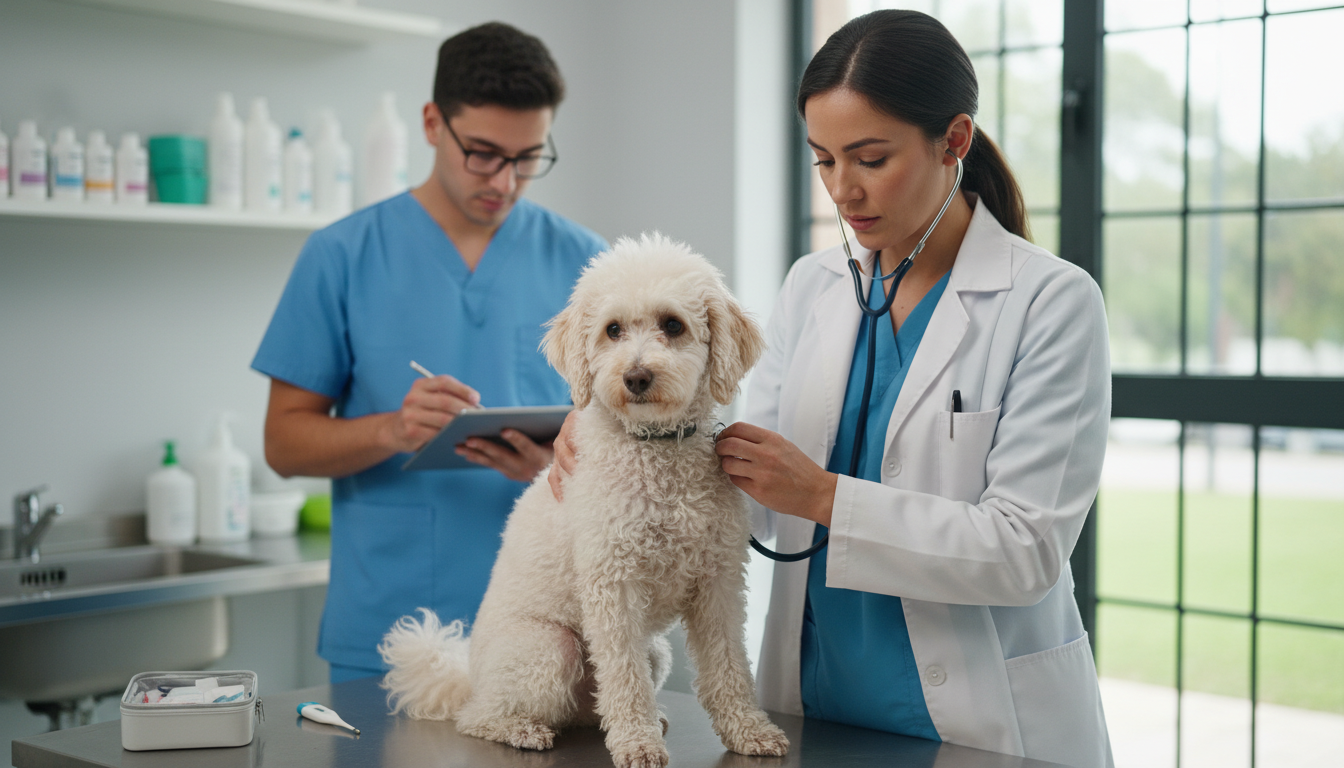 獸醫正在為貴婦犬進行年度健康檢查