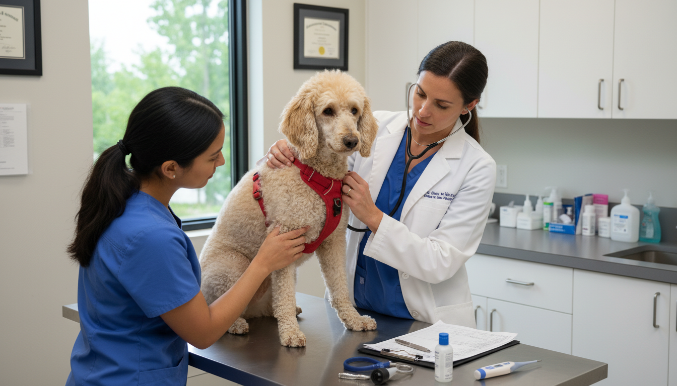 獸醫正在為貴婦犬進行年度健康檢查