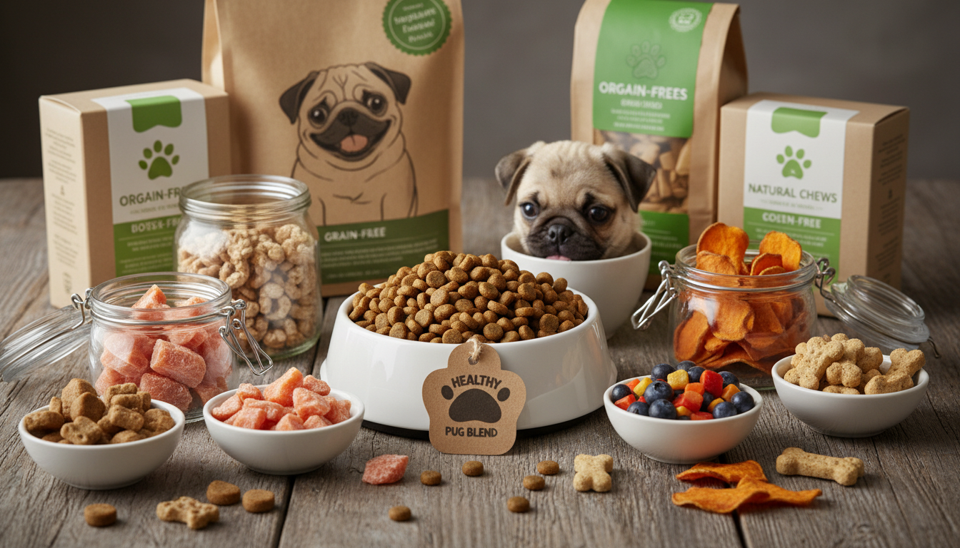 各種高品質八哥狗糧和零食的展示，強調健康飲食