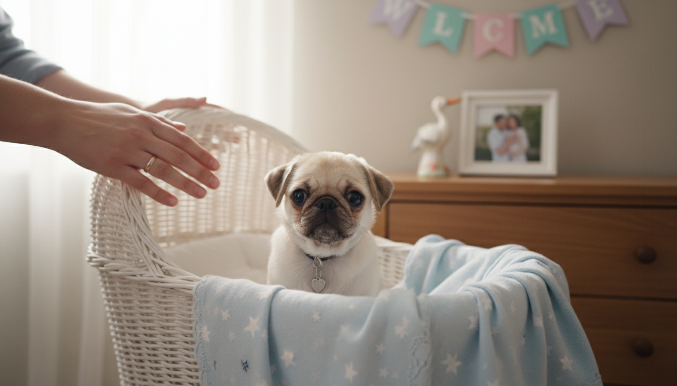一隻可愛的八哥幼犬，象徵著新家庭成員的到來