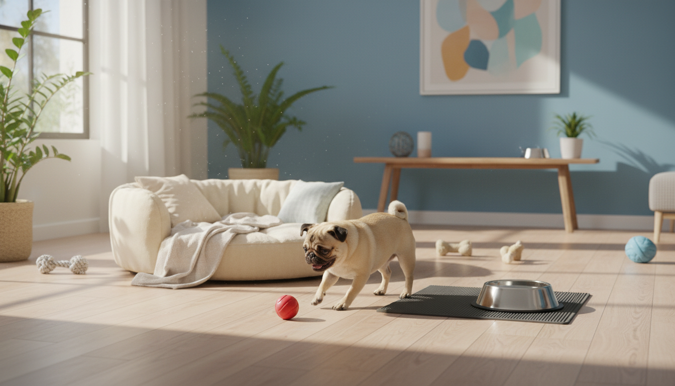 適合八哥的理想家居環境設置，包括舒適的狗床、水碗和防滑墊