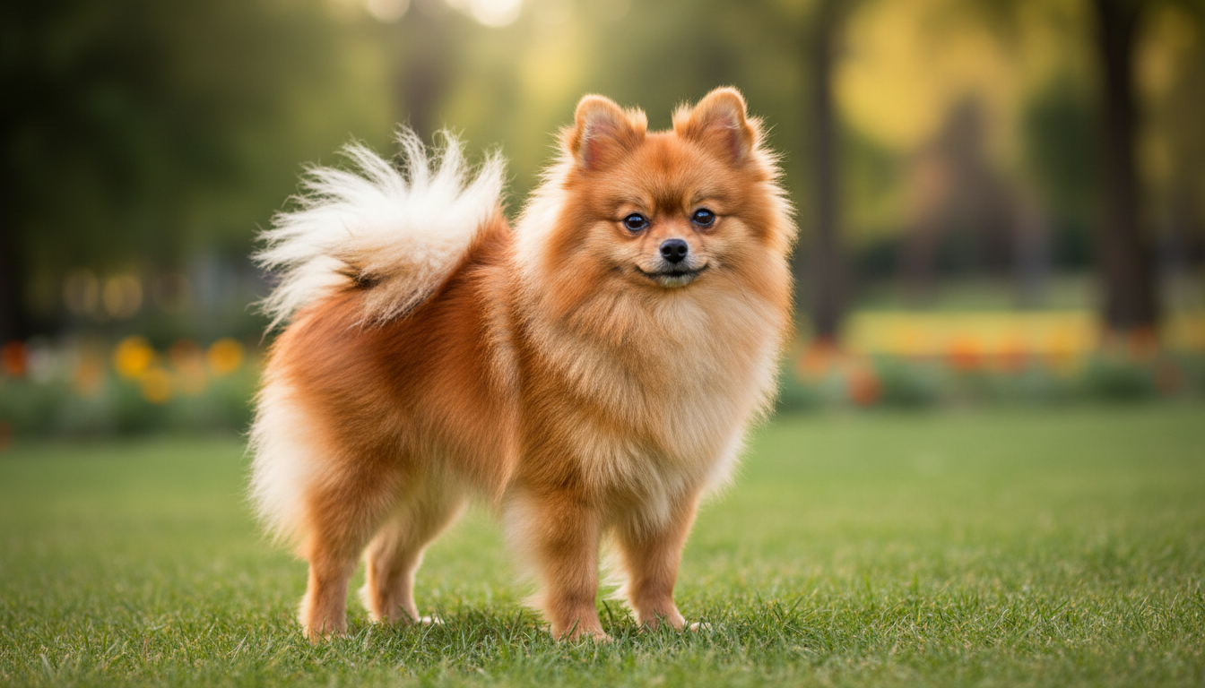 松鼠狗的典型外觀特徵展示，包括蓬鬆雙層毛髮和捲曲尾巴
