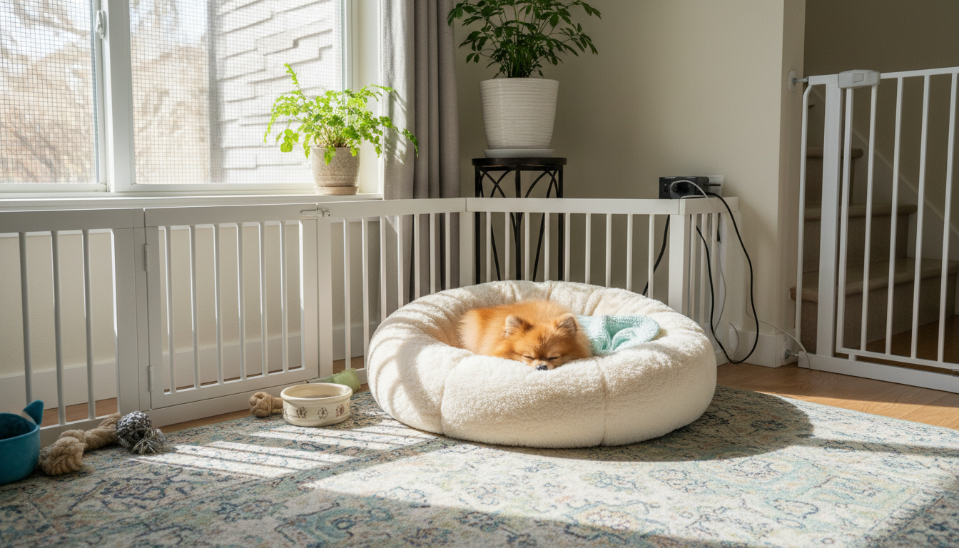 適合松鼠狗的理想家居環境設置，包括舒適的狗窩和安全防護措施