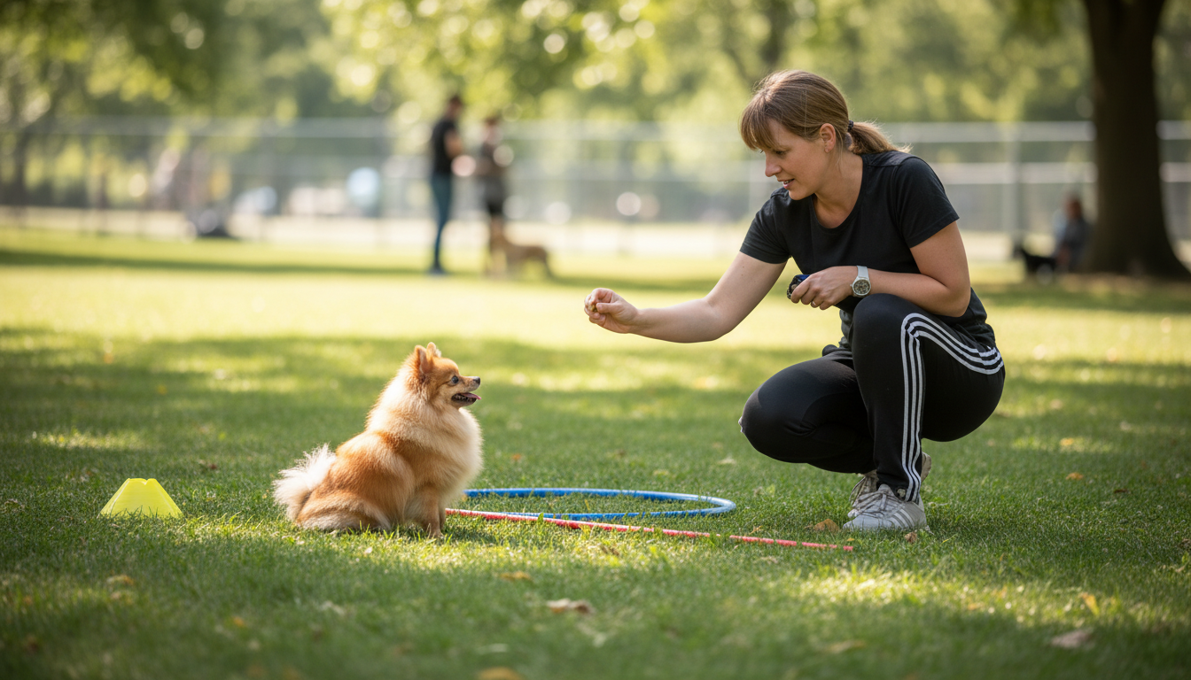 松鼠狗正在進行基本服從訓練，主人使用正向強化方法
