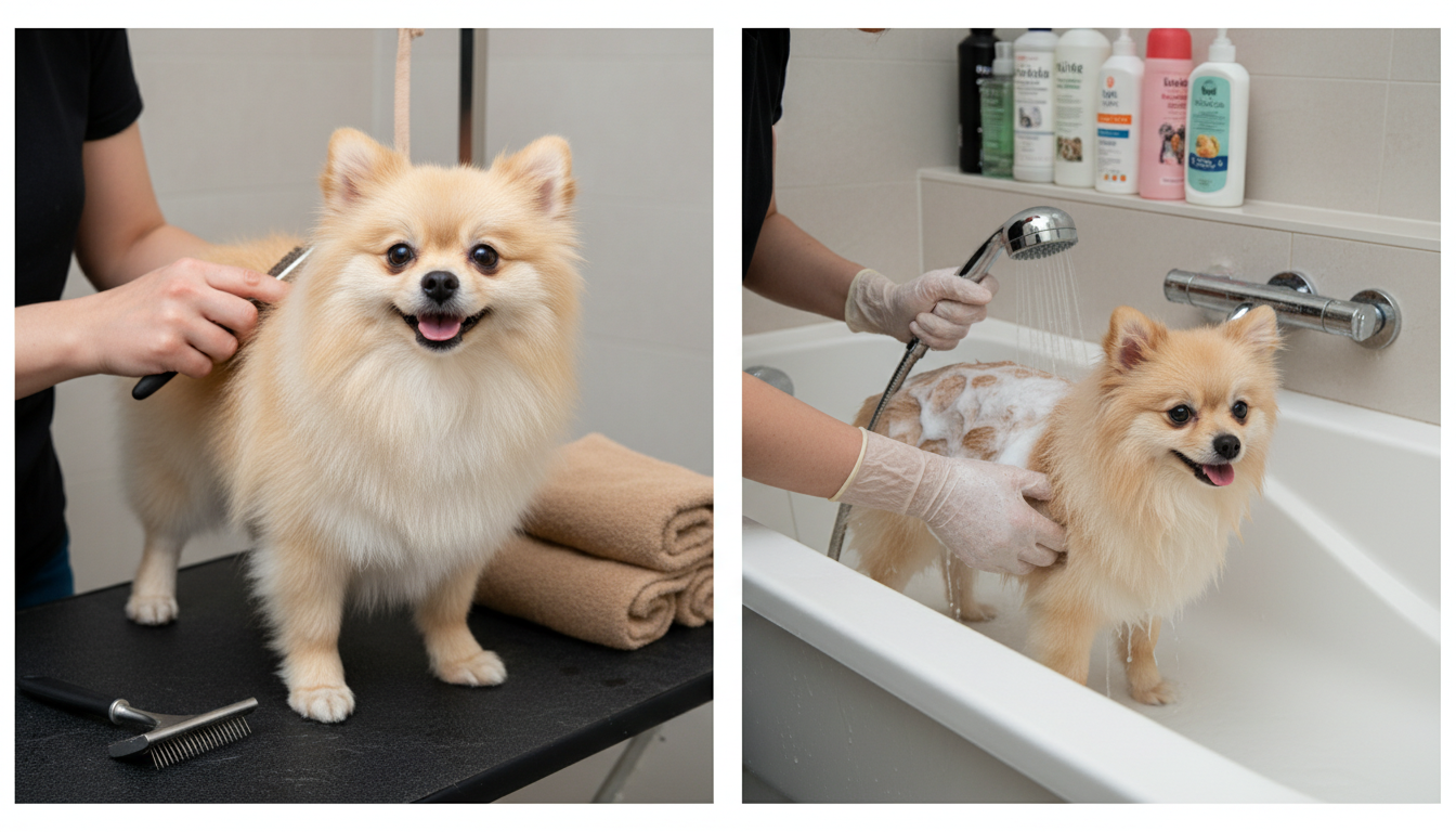 為松鼠狗（博美犬）進行日常護理的正確方法，包括梳毛和洗澡