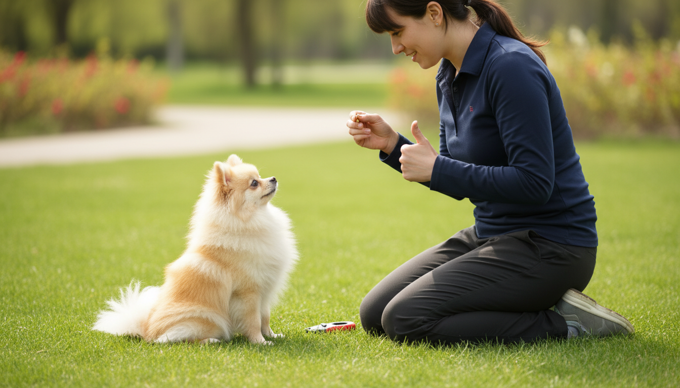 飼主正在對松鼠狗（博美犬）進行基本指令訓練，使用正向強化方法