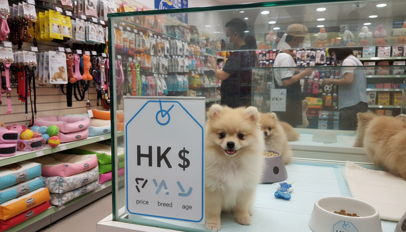 香港寵物店內松鼠狗（博美犬）的價格標示與相關用品