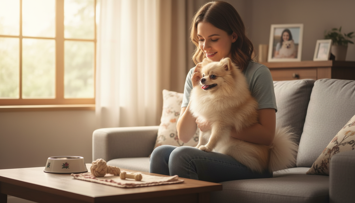 飼主與松鼠狗（博美犬）溫馨互動，強調飼養的愛與責任