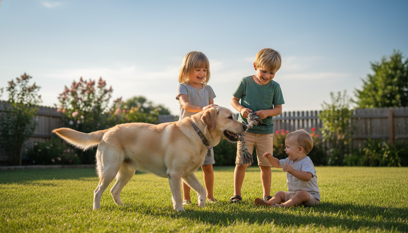 一隻拉布拉多犬正在與兒童玩耍，展現其友善溫和的性格。