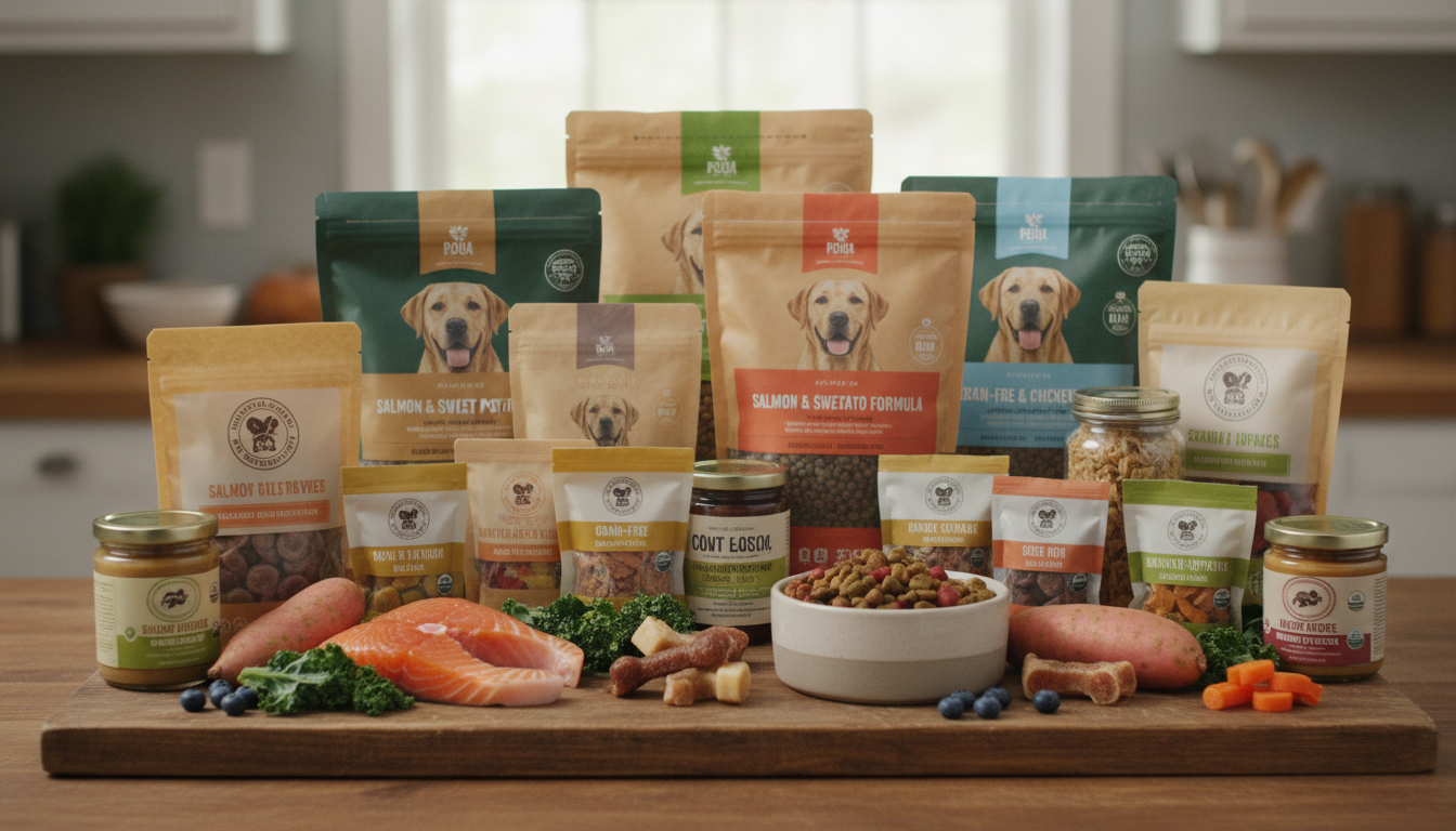 各種高品質的拉布拉多犬糧食和健康零食展示。