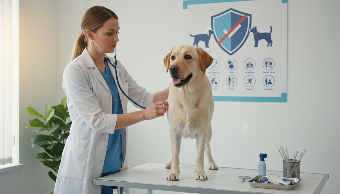 獸醫為拉布拉多犬進行健康檢查，強調疾病預防的重要性。