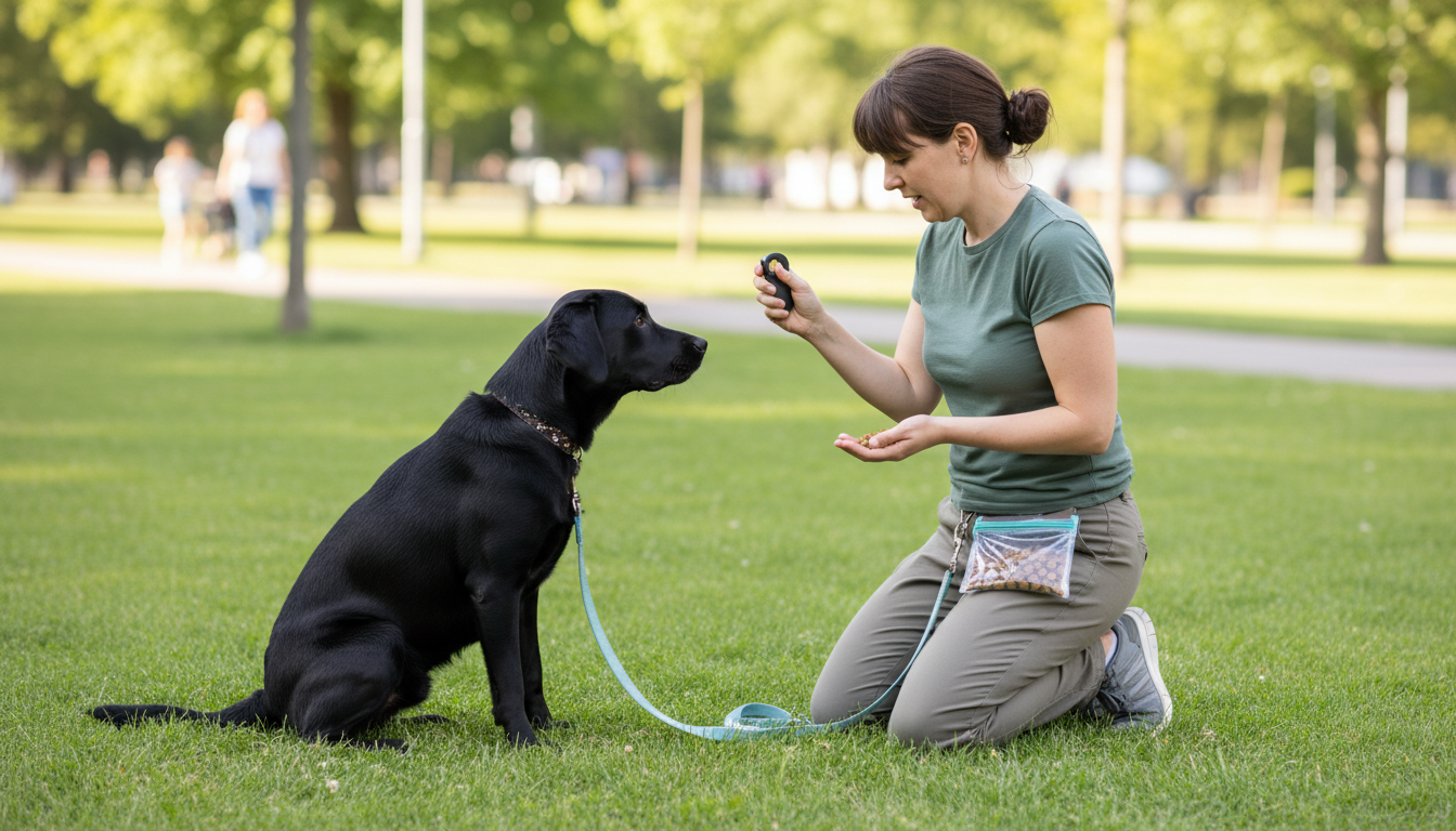 飼主正在使用正向強化方法訓練拉布拉多犬執行基本指令。