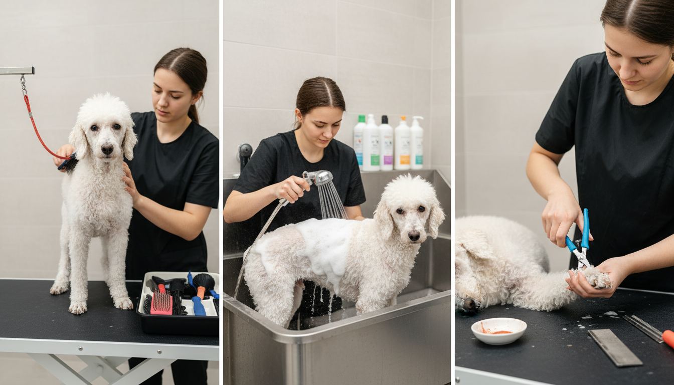 為貴婦犬進行日常護理的正確方法，包括梳毛、洗澡和修剪指甲