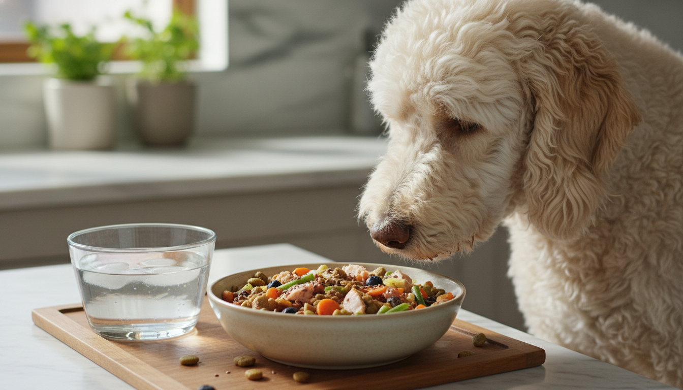 貴婦犬健康均衡的飲食餐點範例，展示高品質狗糧和新鮮水源