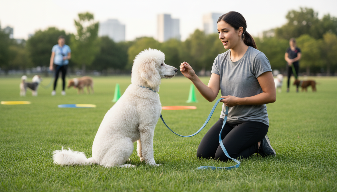 貴婦犬進行基本服從訓練的場景，展示狗狗專注學習