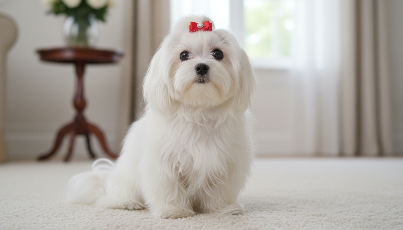 一隻典型的魔天使犬，展現其優雅的白色長毛和可愛的表情