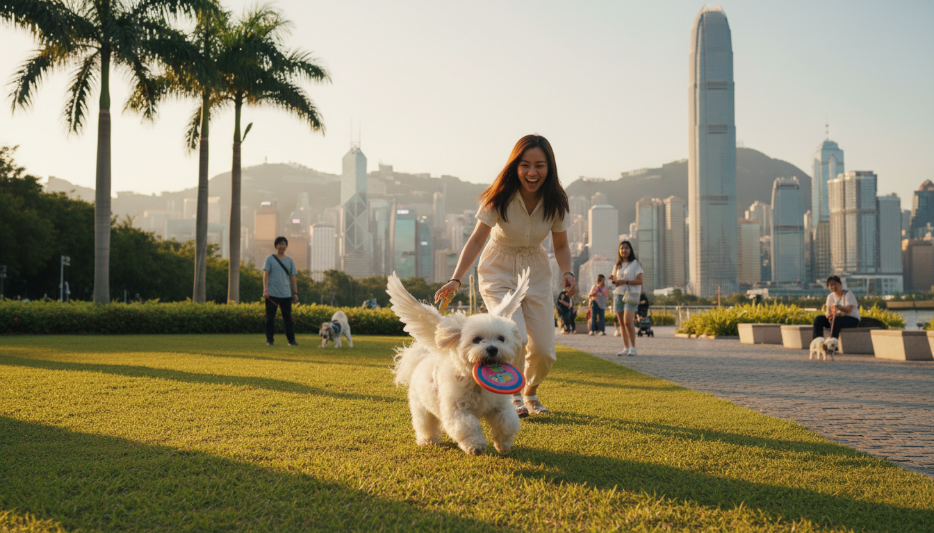 一隻快樂的魔天使與主人在香港的公園裡玩耍，象徵著美好的寵物生活
