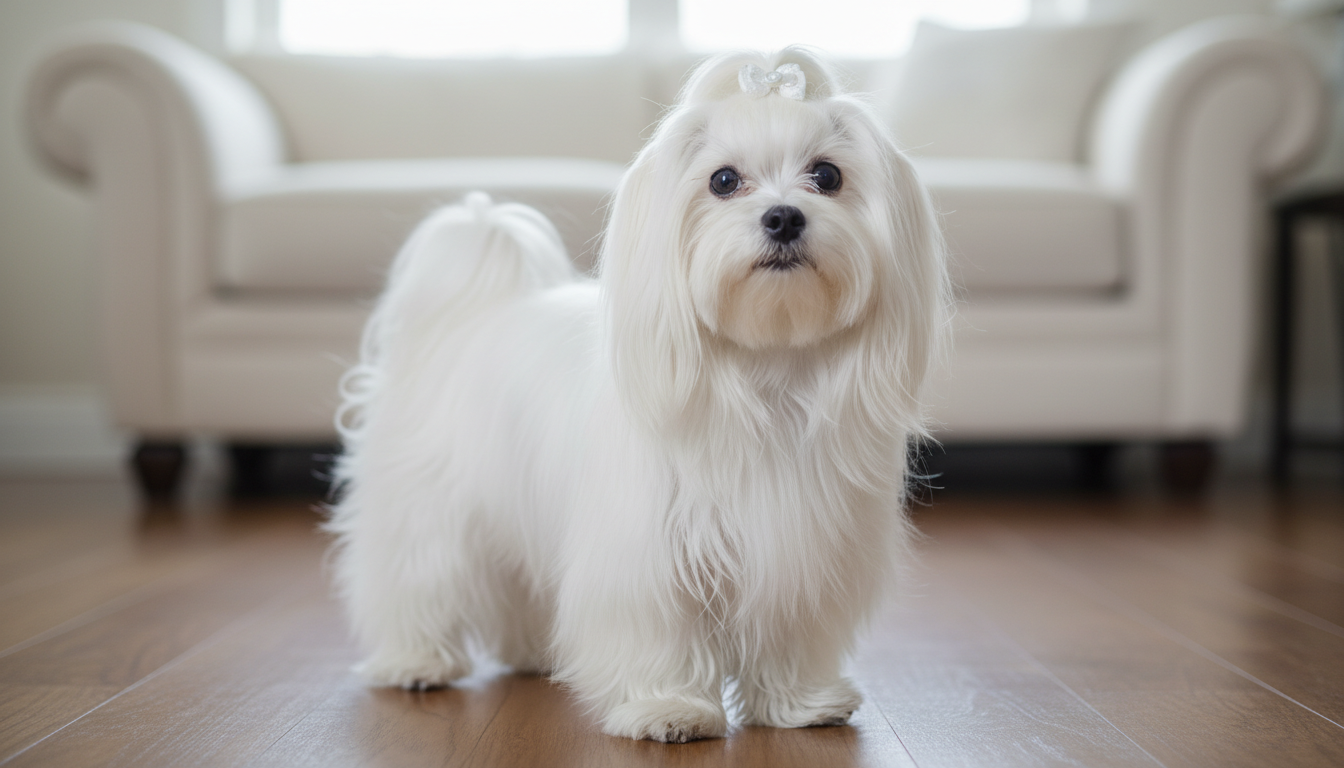 馬爾濟斯的典型外觀特徵展示，強調其白色絲滑長毛、圓潤的黑眼睛和鼻子