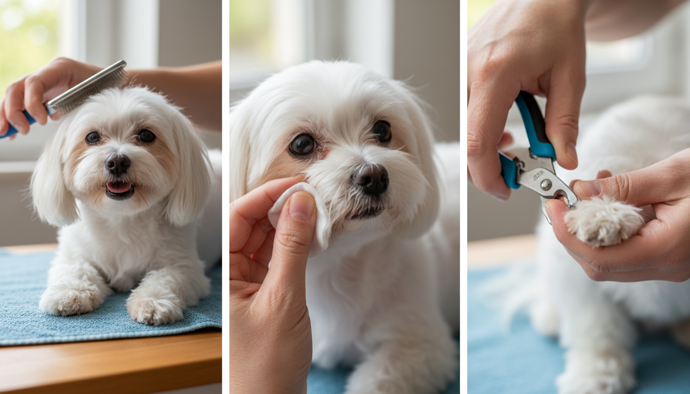 為馬爾濟斯進行日常護理的正確方法，包括梳毛、清潔眼睛和修剪指甲