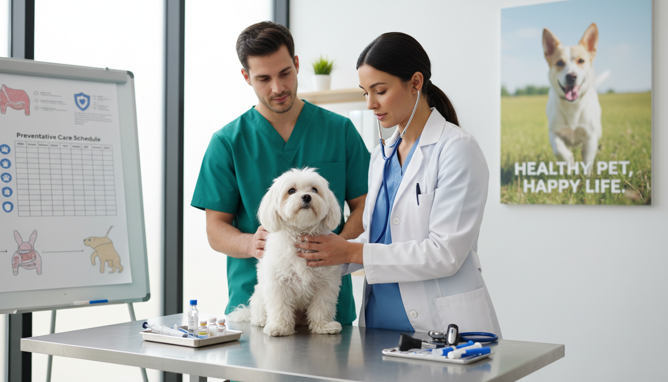獸醫為馬爾濟斯犬進行年度健康檢查，強調疾病預防的重要性