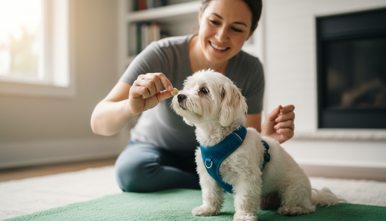 訓練師使用零食獎勵一隻馬爾濟斯犬完成「坐下」指令，展示積極強化訓練