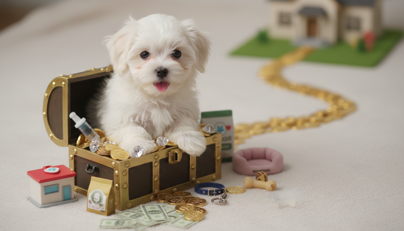 一隻可愛的馬爾濟斯幼犬，象徵著飼主需要承擔的初期投資和長期成本