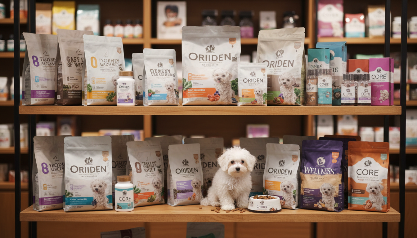 各種高品質馬爾濟斯狗糧和營養補充品展示，附有香港市場常見品牌
