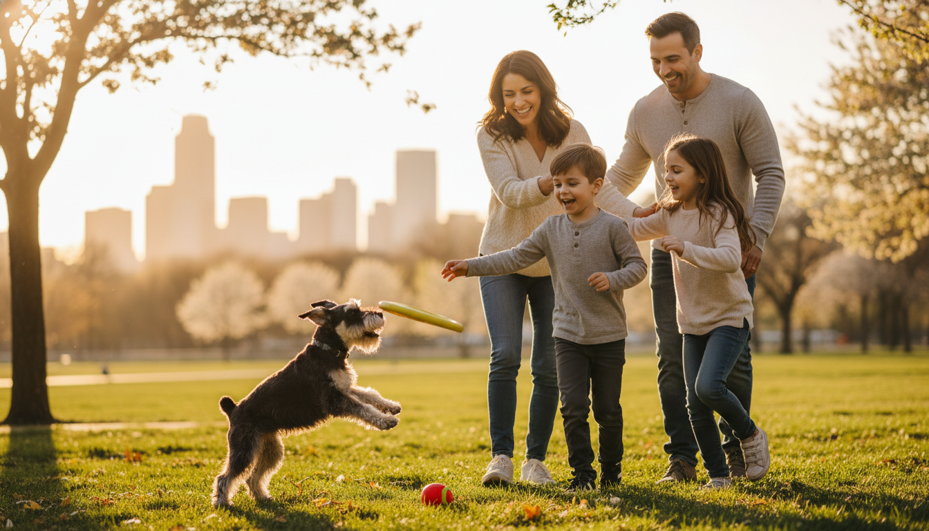 迷你雪納瑞與家人開心互動的場景