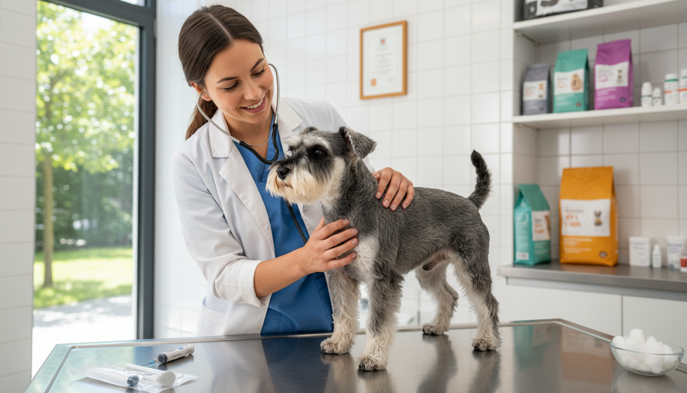 獸醫為迷你雪納瑞進行健康檢查的場景