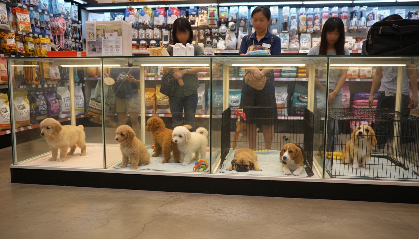 香港寵物店內不同品種幼犬的展示