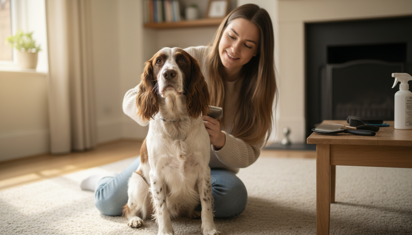 為史賓格犬進行日常護理的正確方法，展示梳毛、潔耳等步驟