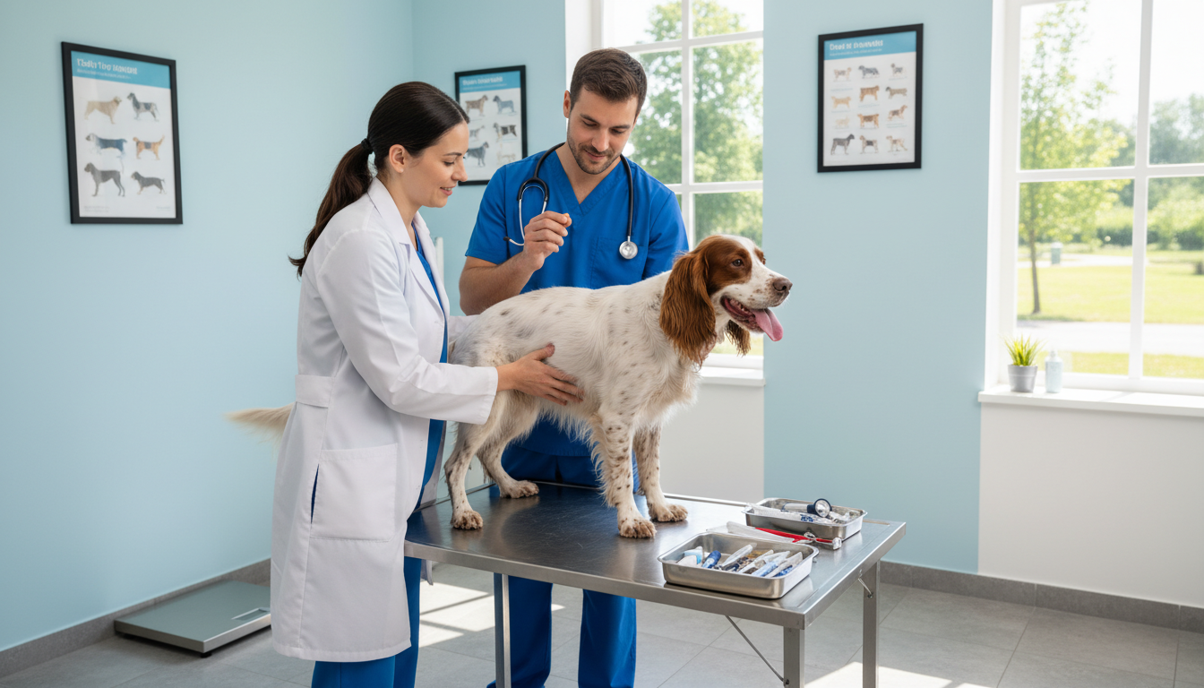 史賓格犬在獸醫診所進行健康檢查