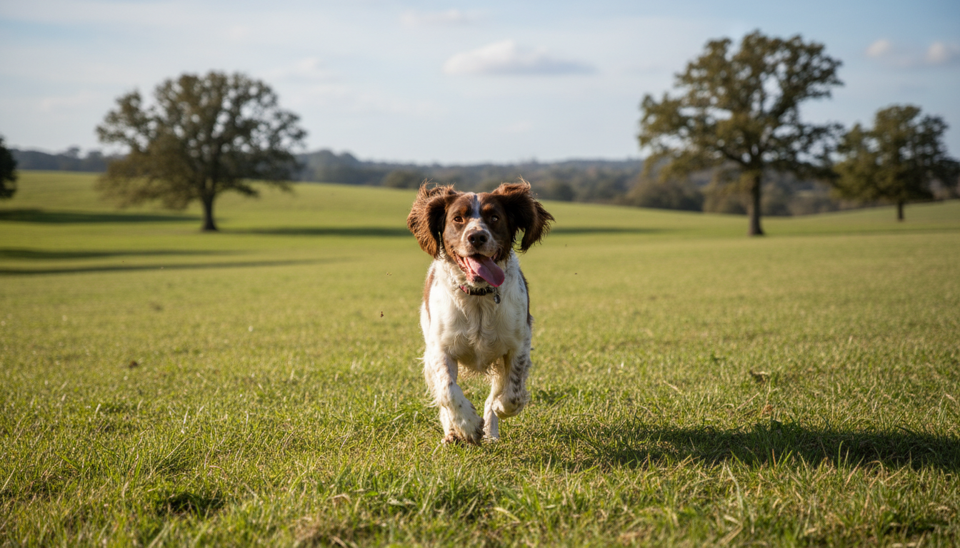 一隻快樂的史賓格犬在戶外草地上奔跑