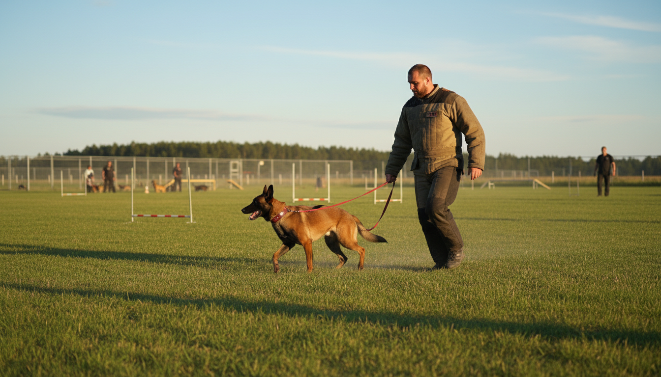 比利時瑪連萊犬進行服從訓練的場景