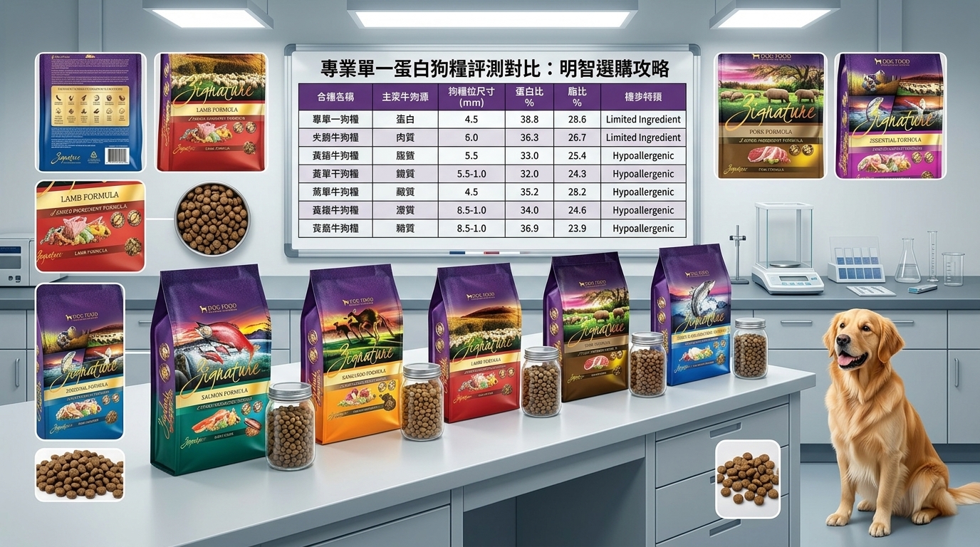 Zignature 寵物食品選購攻略對比圖，快速掌握各系列配方特色，幫助挑選合適產品。