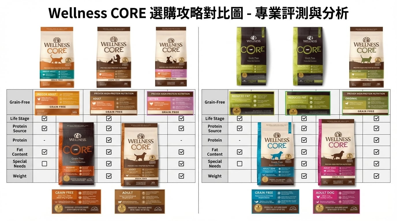 WELLNESS Core 寵物飼料選購攻略對比圖，輕鬆挑選合適產品。