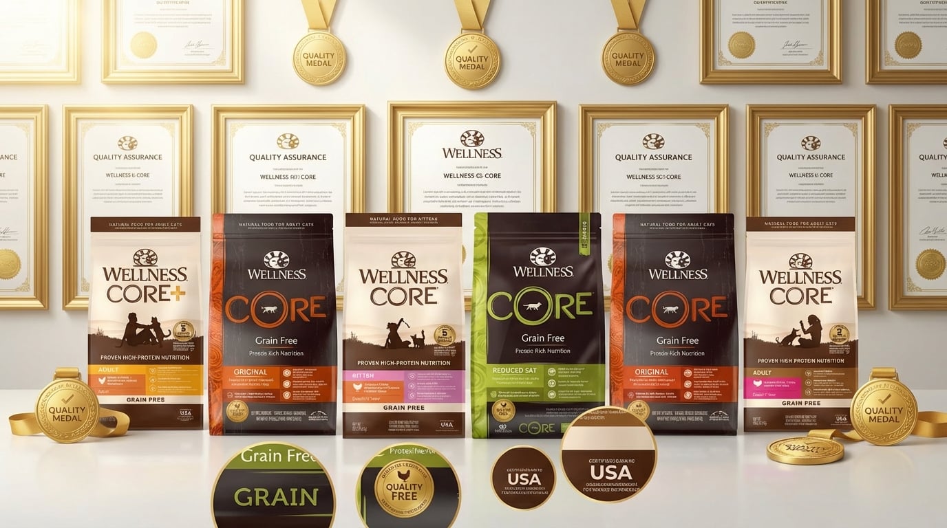 WELLNESS Core 寵物食品品質保證與專業認證，展現安心研發與高品質承諾。