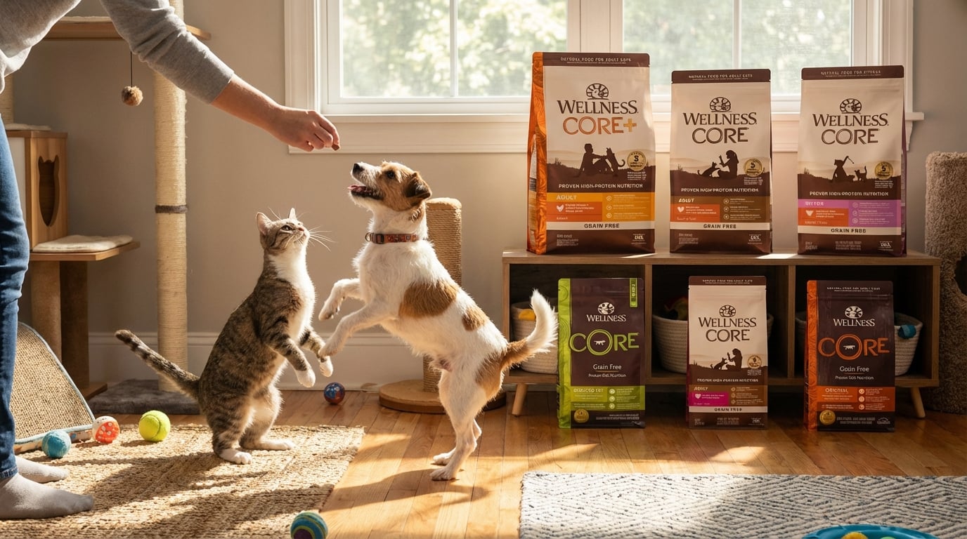 WELLNESS Core 寵物無穀物飼料餵食示範，展示產品日常實際應用。