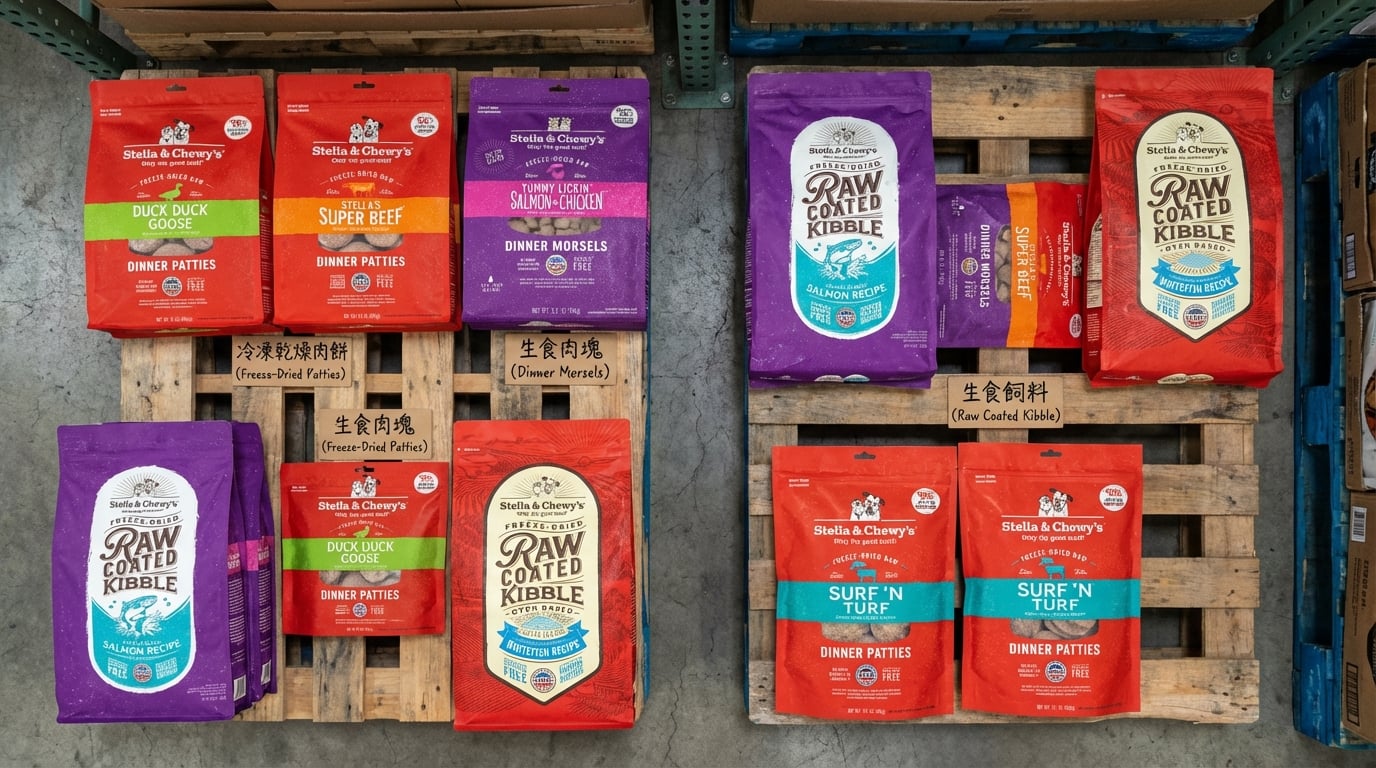 Stella & Chewy's 寵物全系列產品分類導覽，提供多元主食與零食選購指南。